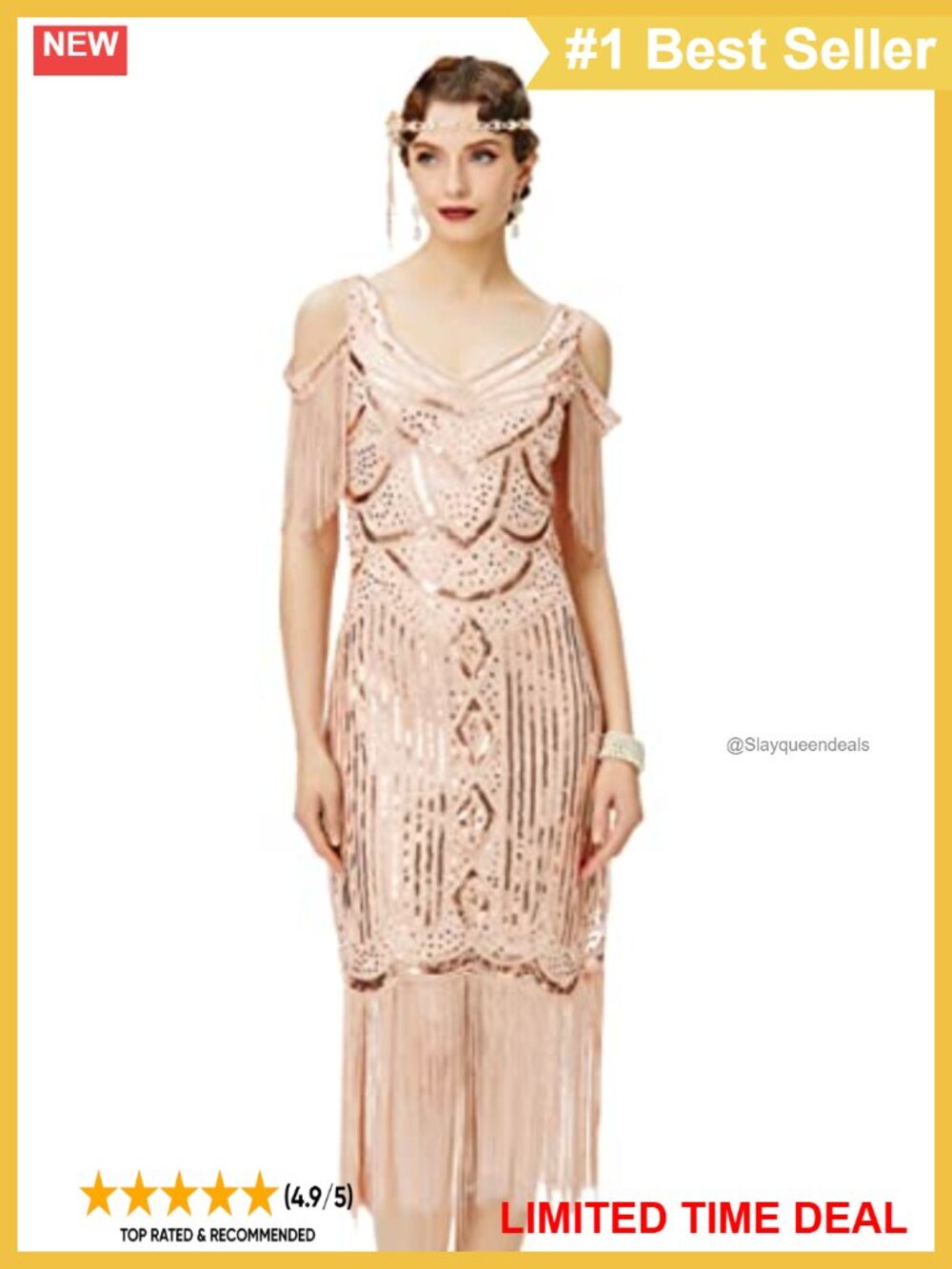 1920s Flapper Dress Sequin Beaded Fringe V-Neck Sleeveless Prom Party